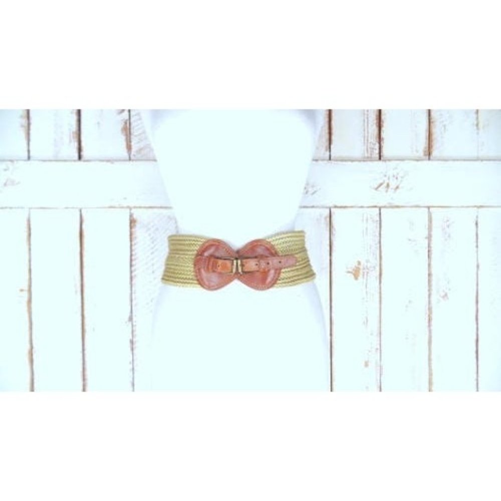 Vintage wide tan light brown thick woven braided chord faux leather belt